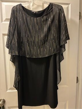 Pre-owned Glamour Nights Black Knee length Dress with Metallic Dot flowy Overlay